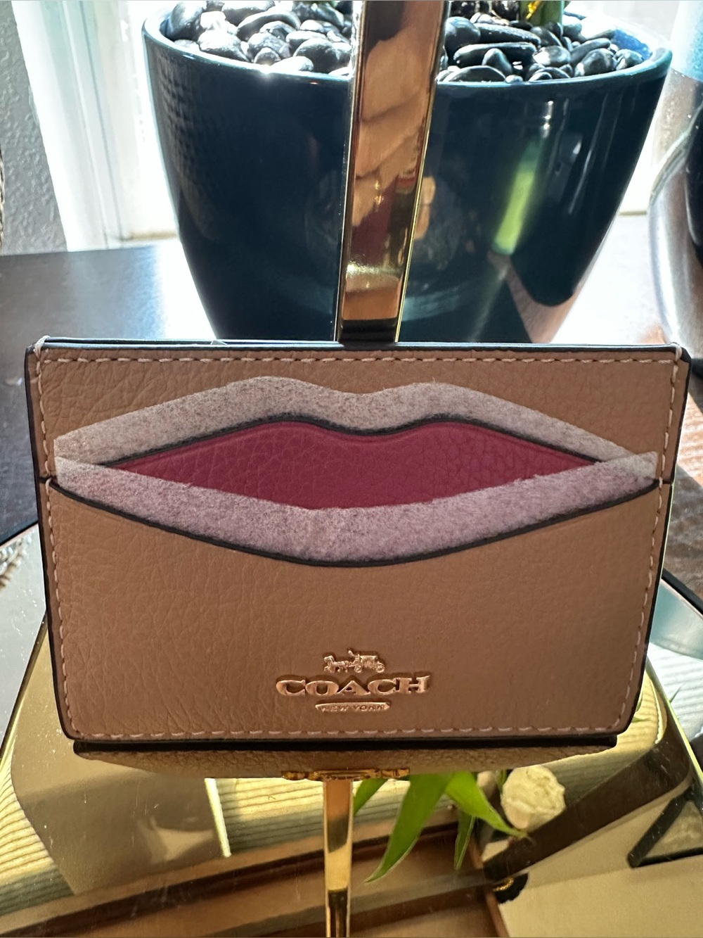 Coach Taupe Card Case with Pink Lip Applique